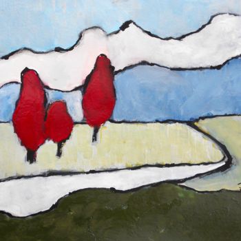 Painting titled "Three Red Trees Lan…" by Janel Bragg, Original Artwork, Oil