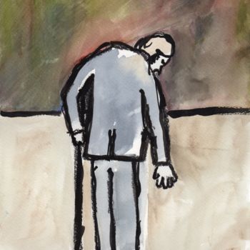 Schilderij getiteld "Old Man at the Deli" door Janel Bragg, Origineel Kunstwerk, Inkt