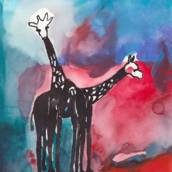 Schilderij getiteld "Giraffes at the Sea…" door Janel Bragg, Origineel Kunstwerk, Aquarel