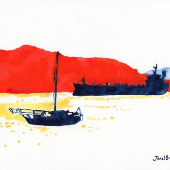 Painting titled "Sailboat and Tanker" by Janel Bragg, Original Artwork, Watercolor