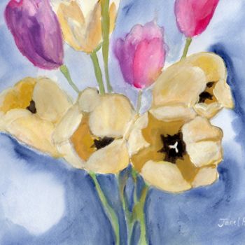 Painting titled "Tulips on Mom's Din…" by Janel Bragg, Original Artwork, Watercolor