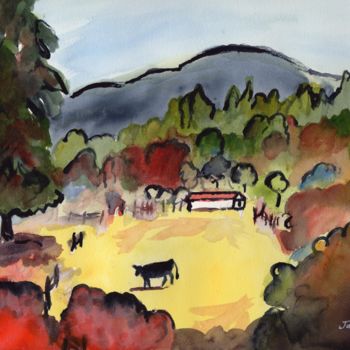 Painting titled "Cow on the Way to A…" by Janel Bragg, Original Artwork, Watercolor