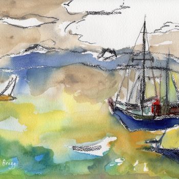Schilderij getiteld "Sailboats in Port T…" door Janel Bragg, Origineel Kunstwerk, Aquarel