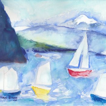 Картина под названием "Anacortes Sailboats" - Janel Bragg, Подлинное произведение искусства, Акварель