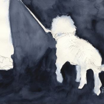Painting titled "Man Walking His Dog…" by Janel Bragg, Original Artwork, Watercolor