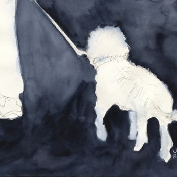 Pintura intitulada "Man Walking His Dog…" por Janel Bragg, Obras de arte originais, Aquarela