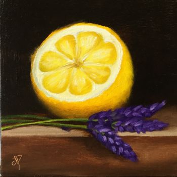 Painting titled "Lemon half with Lav…" by Jane Palmer Art, Original Artwork, Oil