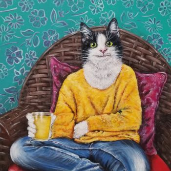 Schilderij getiteld "Momo the cat drinki…" door Janice Serilla, Origineel Kunstwerk, Acryl