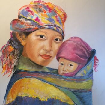 Peinture intitulée "jeune maman tibétai…" par Janine Chetivet, Œuvre d'art originale, Pastel