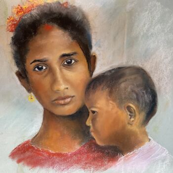 Peinture intitulée "maman indienne" par Janine Chetivet, Œuvre d'art originale, Pastel