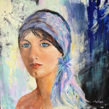 Painting titled "Femme au foulard" by Janine Chetivet, Original Artwork, Oil Mounted on Wood Stretcher frame