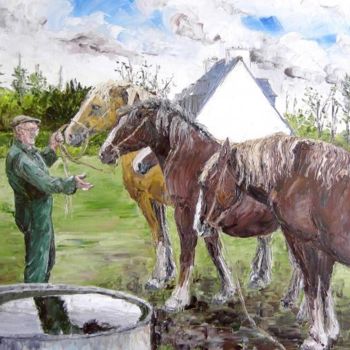 Painting titled "Joël et ses chevaux" by Janine Le Cann, Original Artwork