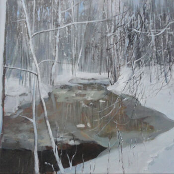 Painting titled "Thin Ice on Aviekst…" by Janis Zingitis, Original Artwork, Oil