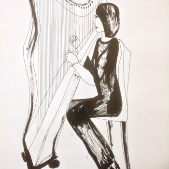 Disegno intitolato "harpist" da Janna Shulrufer, Opera d'arte originale, Inchiostro Montato su Cartone