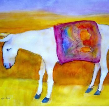 Schilderij getiteld "the white donkey" door Janna Shulrufer, Origineel Kunstwerk, Aquarel