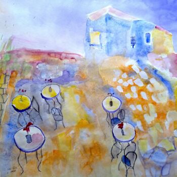 Malerei mit dem Titel "cityscape in Safed" von Janna Shulrufer, Original-Kunstwerk, Aquarell