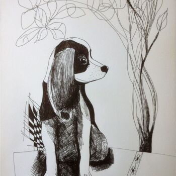 Disegno intitolato "Dog and tree" da Janna Shulrufer, Opera d'arte originale, Penna gel