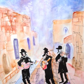 Painting titled "klezmers in Safed 3" by Janna Shulrufer, Original Artwork, Watercolor