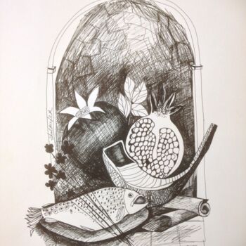 Drawing titled "still life with sho…" by Janna Shulrufer, Original Artwork, Ink