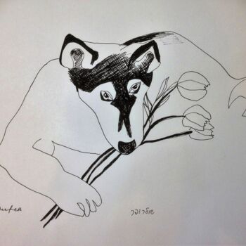Zeichnungen mit dem Titel "dog with flowers" von Janna Shulrufer, Original-Kunstwerk, Gel Stift