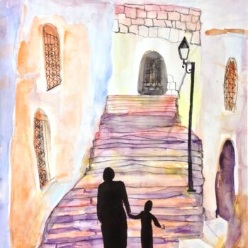 Painting titled "Stairs in Safed(2)" by Janna Shulrufer, Original Artwork, Watercolor