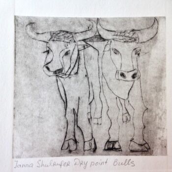 Druckgrafik mit dem Titel "bulls" von Janna Shulrufer, Original-Kunstwerk, Gravur