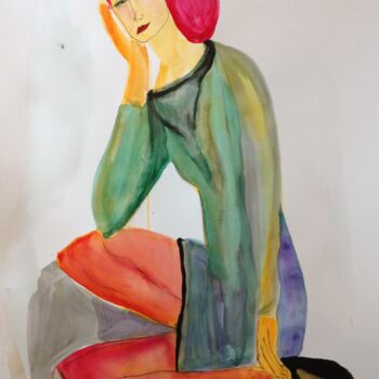 Ζωγραφική με τίτλο "sitting 18" από Janna Shulrufer, Αυθεντικά έργα τέχνης, Ακουαρέλα