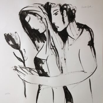 Рисунок под названием "lovers with flower" - Janna Shulrufer, Подлинное произведение искусства, Чернила