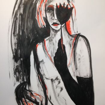 Drawing titled "lady with flower" by Janna Shulrufer, Original Artwork, Ink