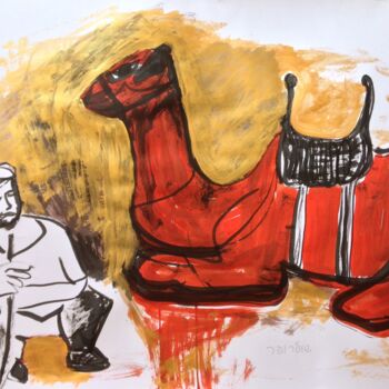 Рисунок под названием "camel and bedouin i…" - Janna Shulrufer, Подлинное произведение искусства, Чернила Установлен на карт…