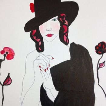 Drawing titled "Lady with hat(2)" by Janna Shulrufer, Original Artwork, Ink Mounted on Cardboard