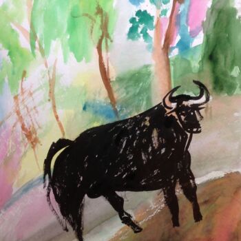 Painting titled "black bull" by Janna Shulrufer, Original Artwork, Ink