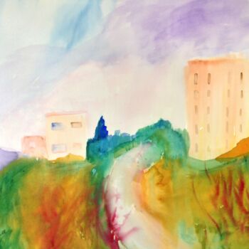Malerei mit dem Titel "Cityscape in Safed 3" von Janna Shulrufer, Original-Kunstwerk, Aquarell