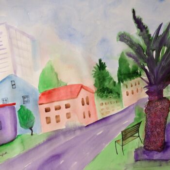 Painting titled "Cityscape in Tel-Av…" by Janna Shulrufer, Original Artwork, Watercolor