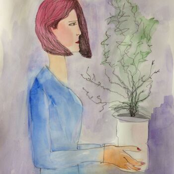 Drawing titled "girl with flower" by Janna Shulrufer, Original Artwork, Watercolor