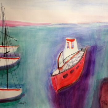 Painting titled "boats" by Janna Shulrufer, Original Artwork, Watercolor