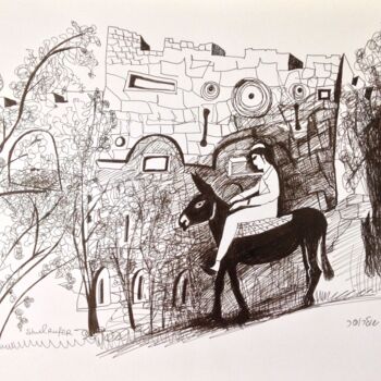 Рисунок под названием "walk in the old town" - Janna Shulrufer, Подлинное произведение искусства, Чернила