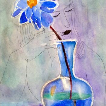 Painting titled "blue flower" by Janna Shulrufer, Original Artwork, Watercolor