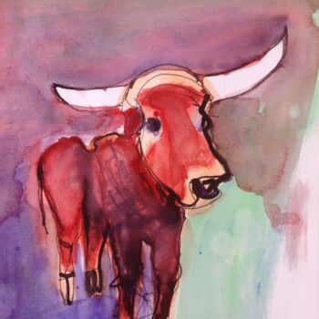Painting titled "bull1" by Janna Shulrufer, Original Artwork, Watercolor