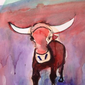 Painting titled "bull2" by Janna Shulrufer, Original Artwork, Watercolor
