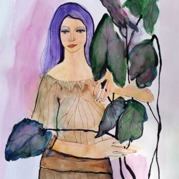 Painting titled "portrait of woman" by Janna Shulrufer, Original Artwork, Watercolor