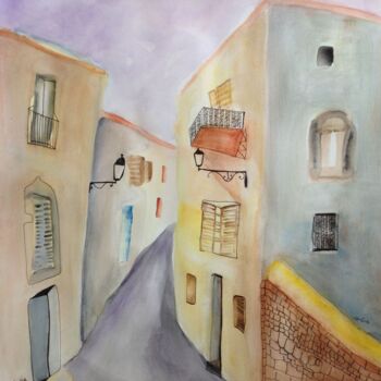 Peinture intitulée "street in Safed 3" par Janna Shulrufer, Œuvre d'art originale, Aquarelle