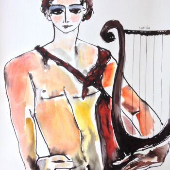 Dessin intitulée "King David with harp" par Janna Shulrufer, Œuvre d'art originale, Aquarelle