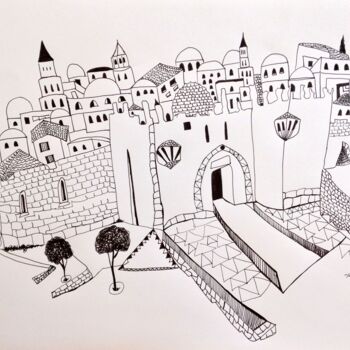 Zeichnungen mit dem Titel "view at Holy City" von Janna Shulrufer, Original-Kunstwerk, Tinte