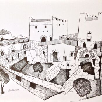 Рисунок под названием "view at old city of…" - Janna Shulrufer, Подлинное произведение искусства, Чернила