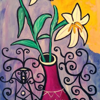 Painting titled "lilias in vase" by Janna Shulrufer, Original Artwork, Oil