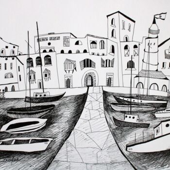 Disegno intitolato "view at Jaffa" da Janna Shulrufer, Opera d'arte originale, Inchiostro