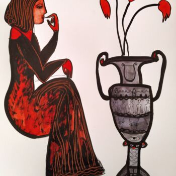 Drawing titled "Woman and ancient v…" by Janna Shulrufer, Original Artwork, Ink