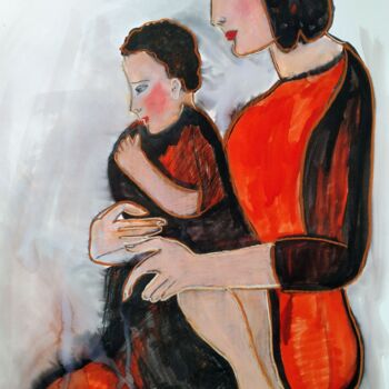 Drawing titled "mother and baby" by Janna Shulrufer, Original Artwork, Ink Mounted on Other rigid panel