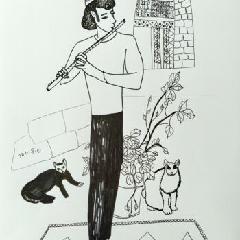 Drawing titled "Musician with cats" by Janna Shulrufer, Original Artwork, Ink
